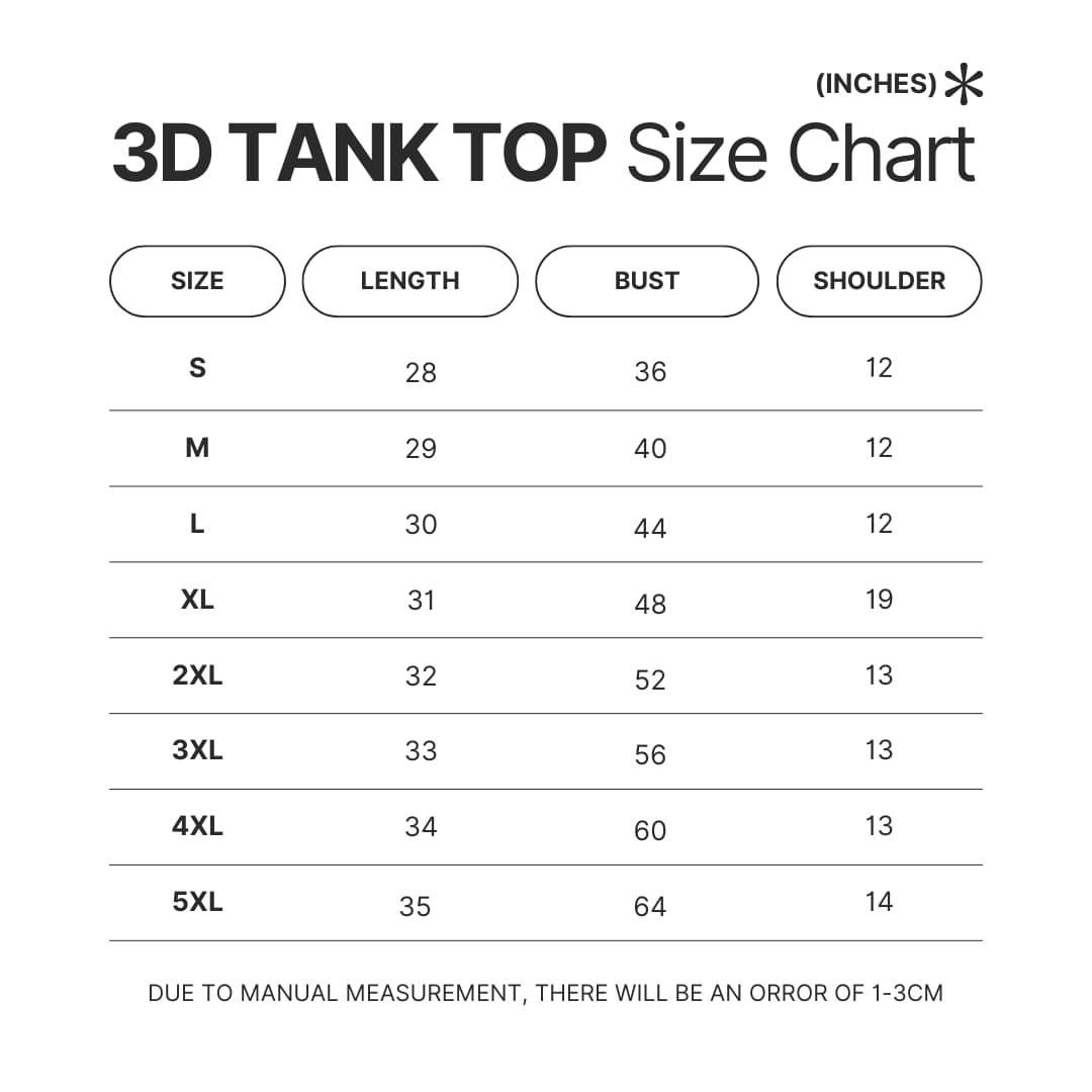 3D Tank Top Size Chart - JoJo's Bizarre Adventure Merch