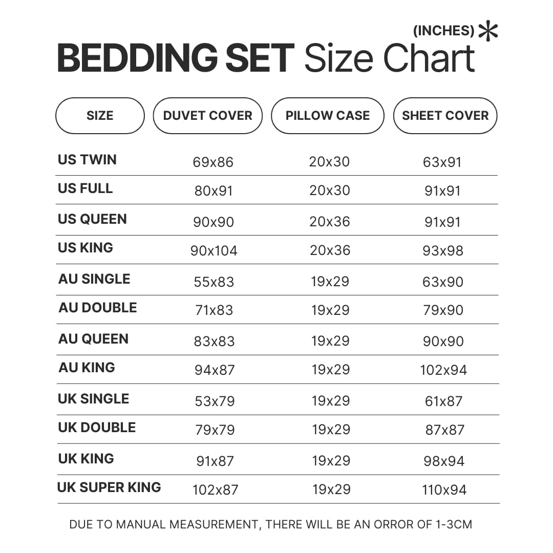 Bedding Set Size Chart - JoJo's Bizarre Adventure Merch