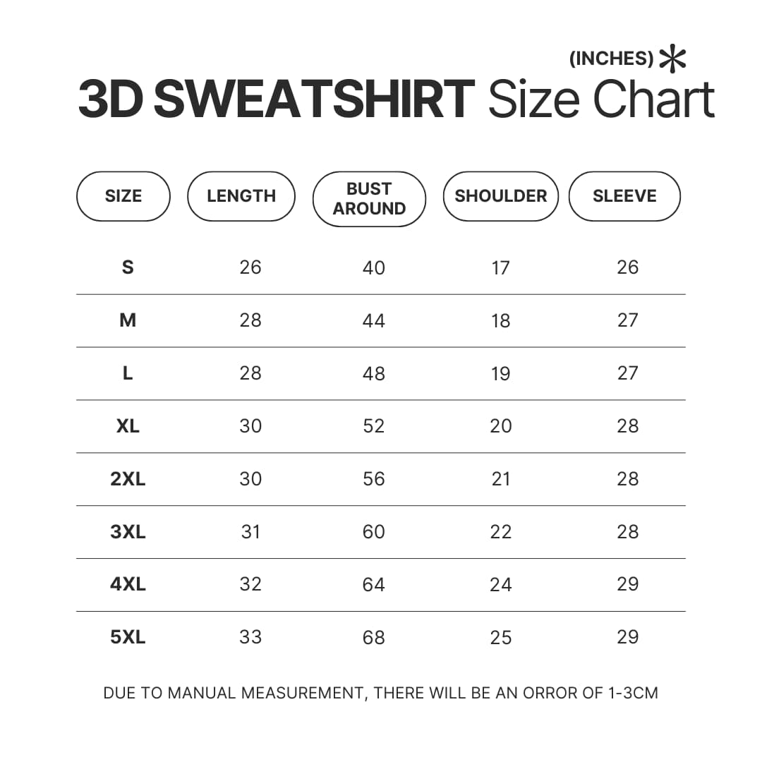 3D Sweatshirt Size Chart 1 - JoJo's Bizarre Adventure Merch