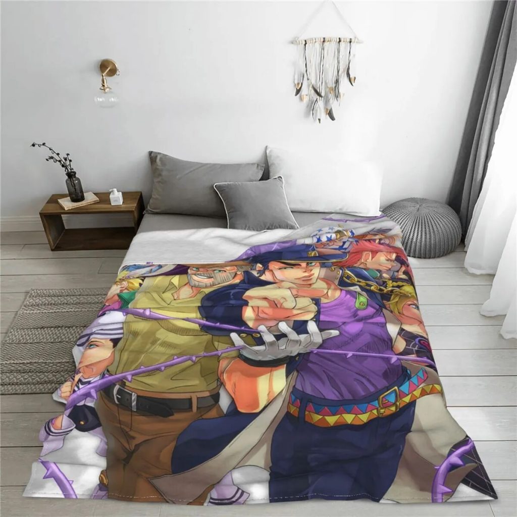 Anime Jojo s Bizarre Adventure Blanket Cover Jojos No Kimyou Na Bouken Flannel Throw Blankets Airplane 1 - JoJo's Bizarre Adventure Merch