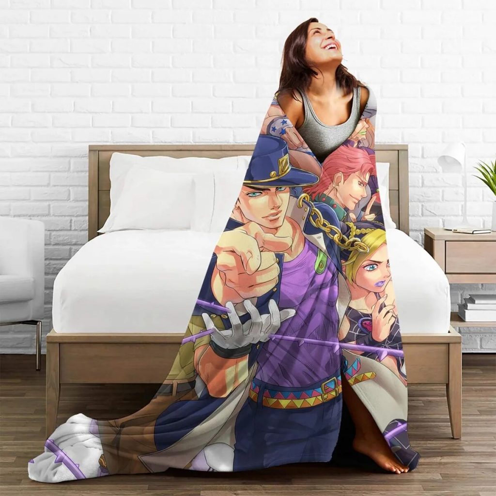 Anime Jojo s Bizarre Adventure Blanket Cover Jojos No Kimyou Na Bouken Flannel Throw Blankets Airplane 2 - JoJo's Bizarre Adventure Merch