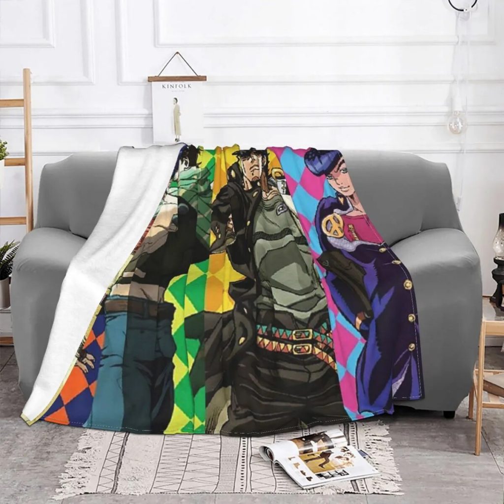 Joseph Joestar Kujo Jotaro Dio Brando Kakyoin Noriaki Blankets Anime Jojo s Bizarre Adventure Wool Throw 1 - JoJo's Bizarre Adventure Merch