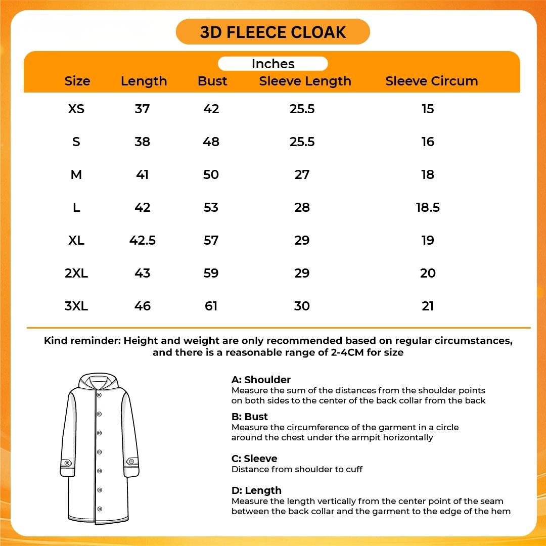 3D Fleece Cloak Size Chart - JoJo's Bizarre Adventure Store