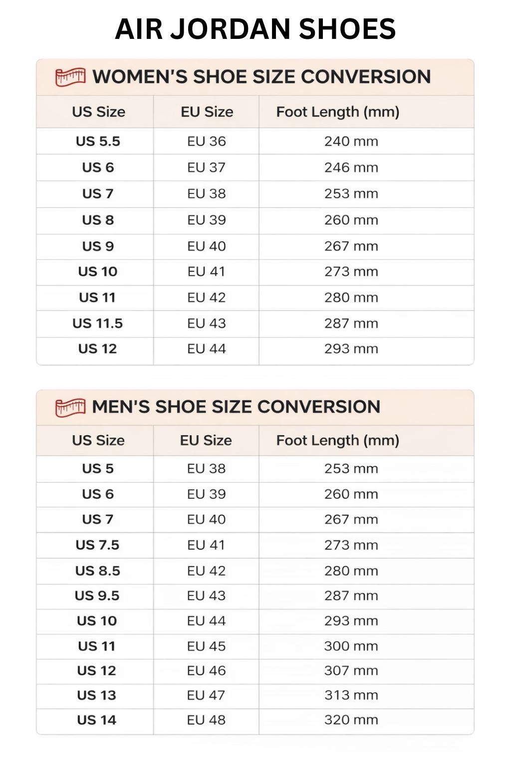 Air Jordan High Low Top Shoes Size Chart - JoJo's Bizarre Adventure Store