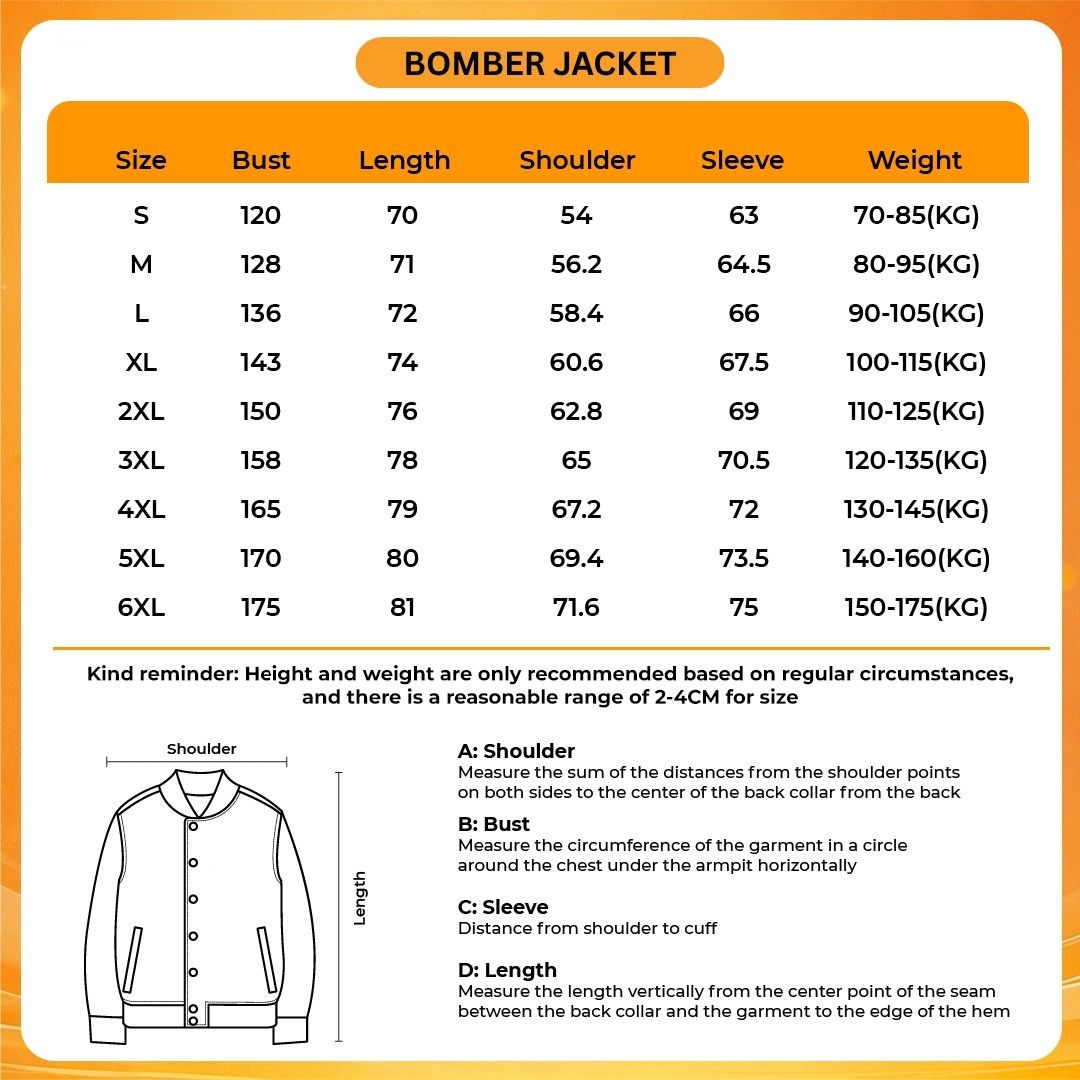 Bomber Jacket Size Chart - JoJo's Bizarre Adventure Store