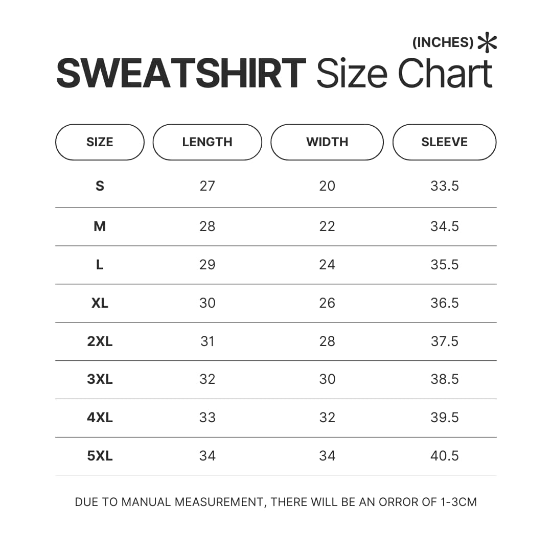 Sweatshirt Size Chart - JoJo's Bizarre Adventure Store
